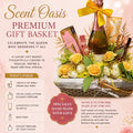 Scent Oasis Premium Gift Basket with a bottle of wine, flowers, and other items on a pink background.