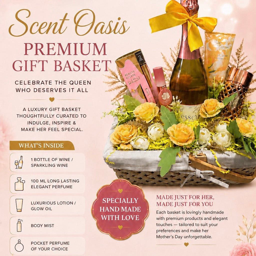 Scent Oasis Premium Gift Basket with a bottle of wine, flowers, and other items on a pink background.