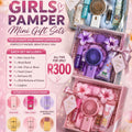 Advertisement for Scent Oasis Girls Pamper Mini Gift Sets with product images and pricing on a pink background.