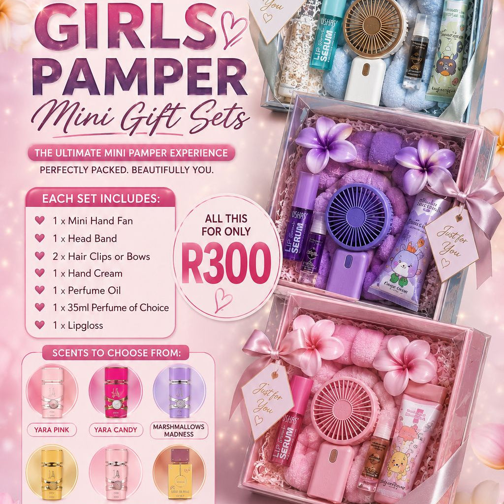 Advertisement for Scent Oasis Girls Pamper Mini Gift Sets with product images and pricing on a pink background.