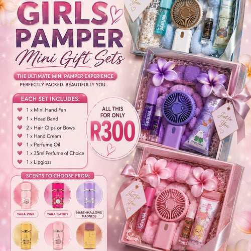 Advertisement for Scent Oasis Girls Pamper Mini Gift Sets with product images and pricing on a pink background.