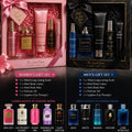 Advertisement for Scents Oasis gift sets with women's and men's sets on a black background.