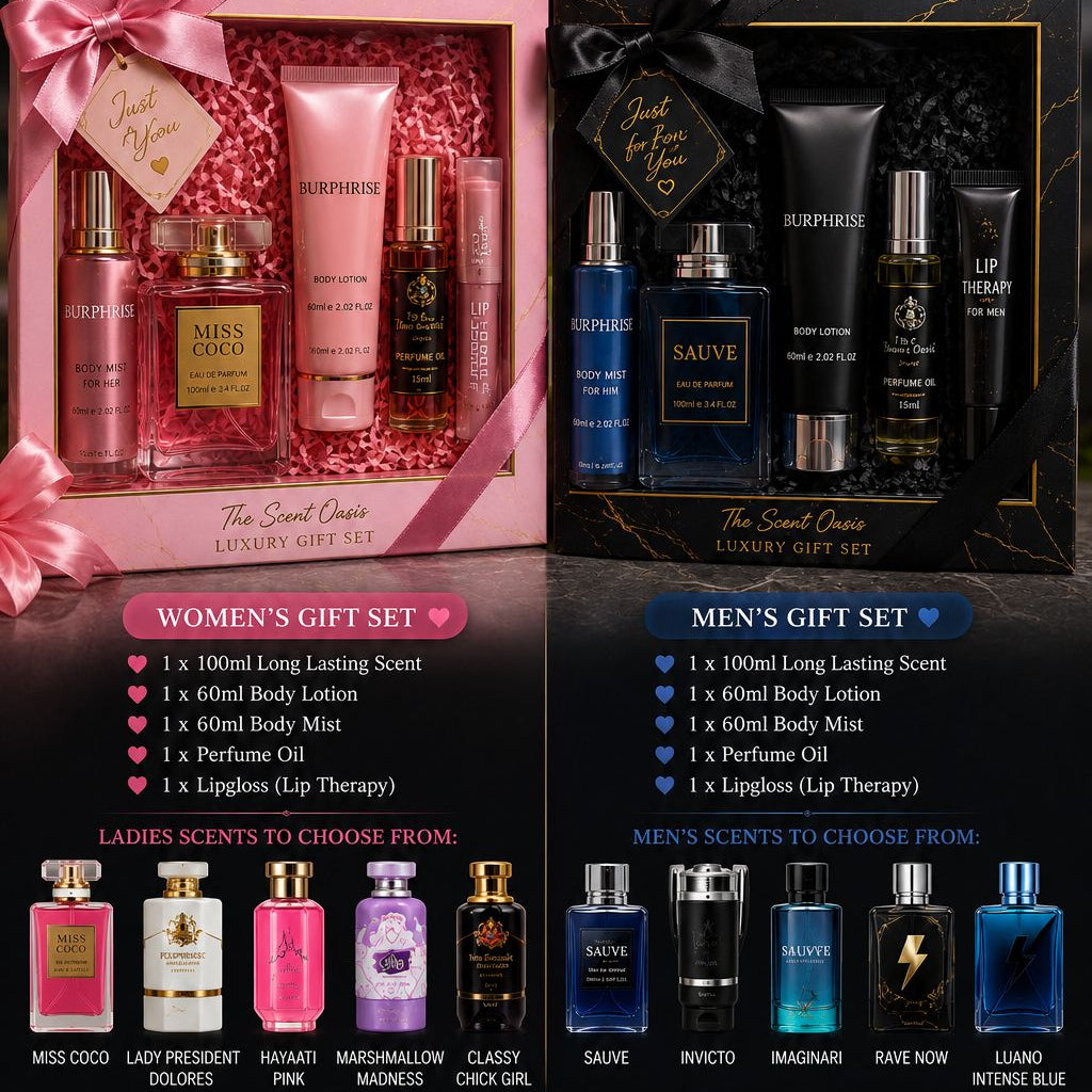 Advertisement for Scents Oasis gift sets with women's and men's sets on a black background.